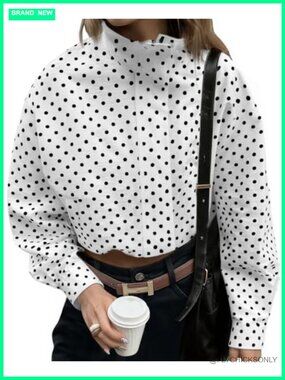 Womens Polka Dot Zip Up Cropped Jacket Oversized Long Sleeve